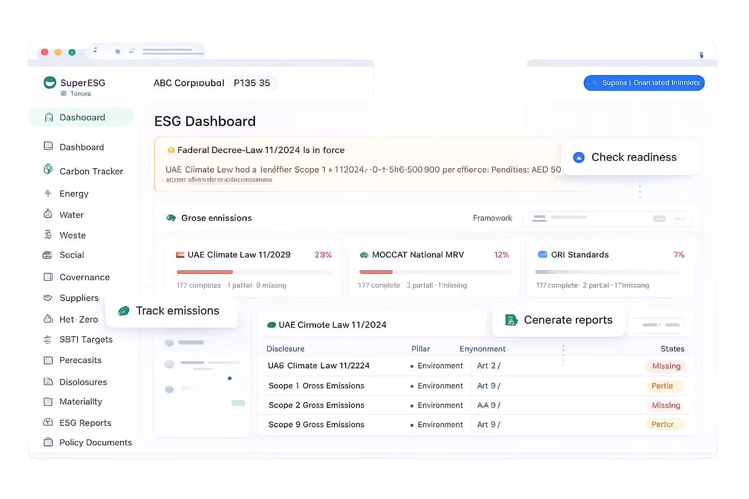 SuperESG platform overview with sidebar modules