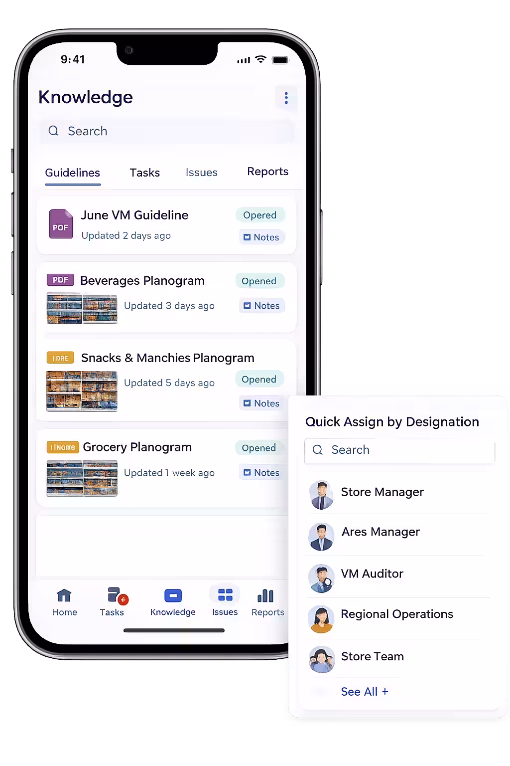 Mobile Knowledge section with VM guidelines and quick assign by designation panel