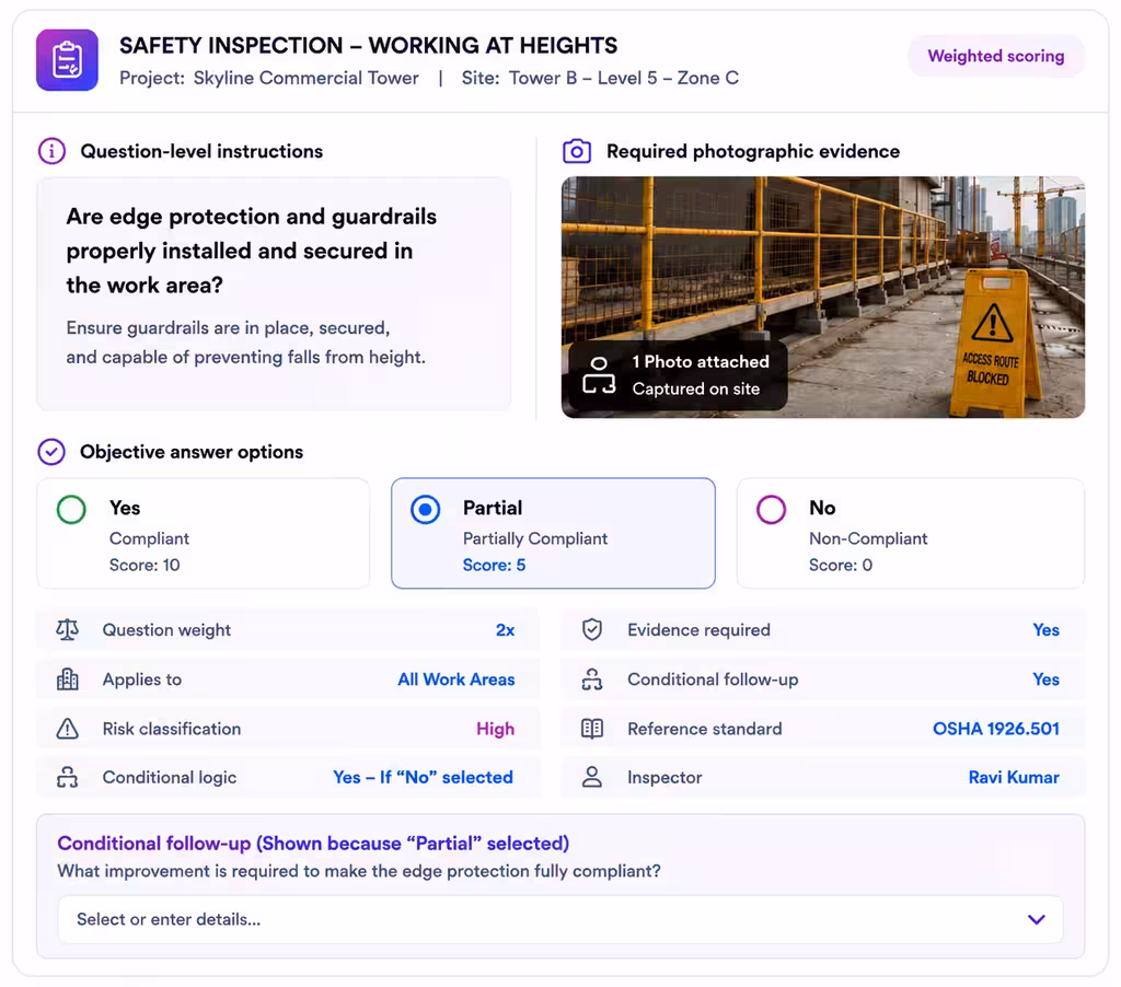 Construction standardized scoring with objective answers, instructions, evidence rules, risk weighting, and conditional logic