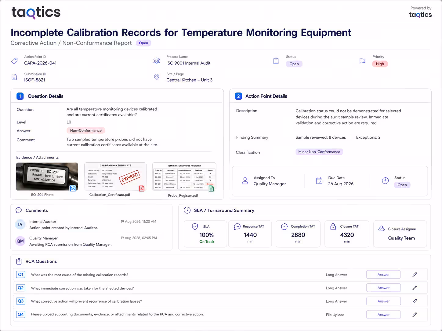 Taqtics nonconformity report showing ISO audit finding evidence owner and NCR workflow