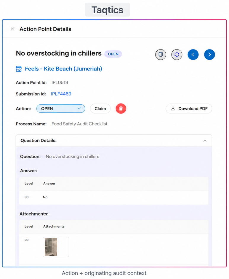 Taqtics corrective action interface